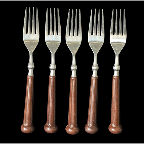 Vintage Oxford Hall Stainless Forks Japan Brown Plastic Handle 5 Pieces 1973 MCM - Picture 1 of 11